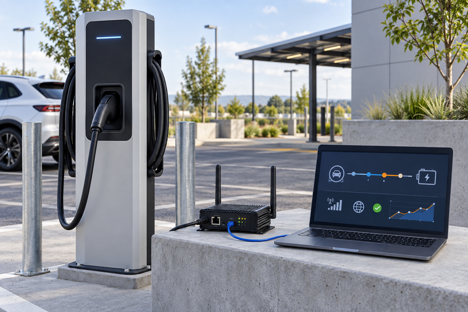 Cargador eléctrico genérico conectado a un gateway celular sin marca junto a un portátil con una línea de sesión de carga abstracta