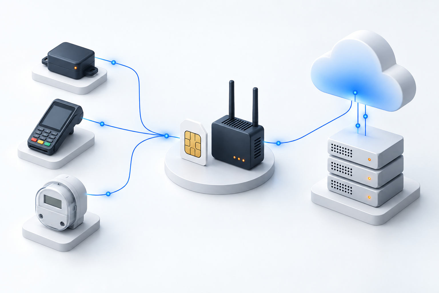 Concepto de conectividad Global IoT SIM: localizador GPS, POS, contador, gateway celular y servicios en la nube