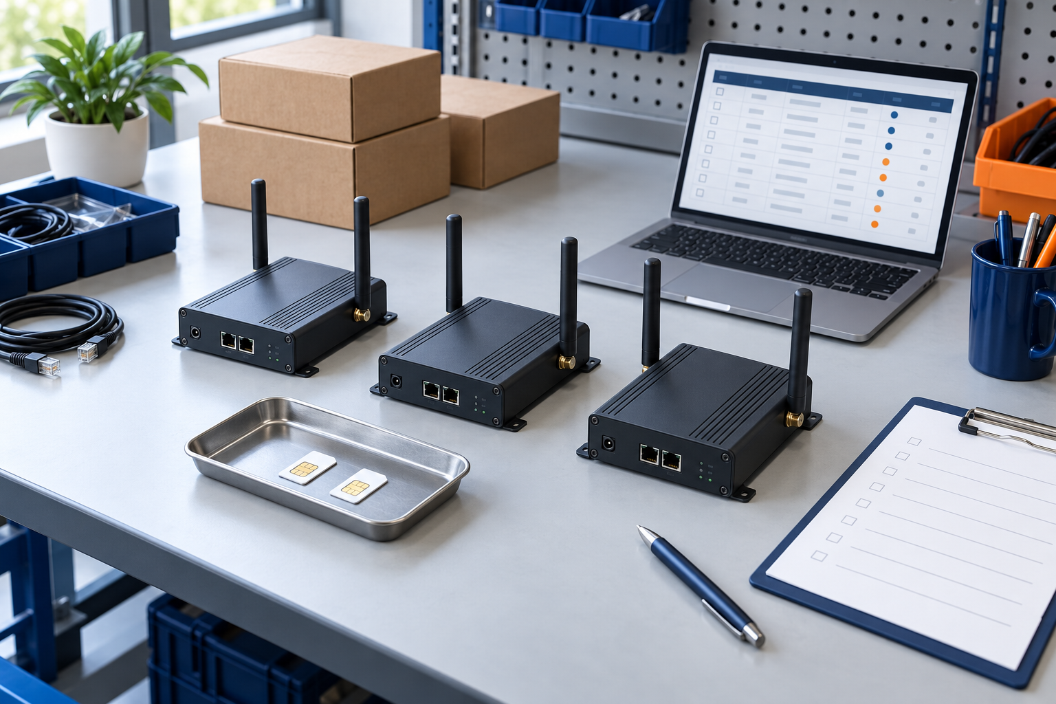 Tres gateways celulares sin marca, tarjetas SIM y una lista de entrega en blanco sobre una mesa de preparación electrónica