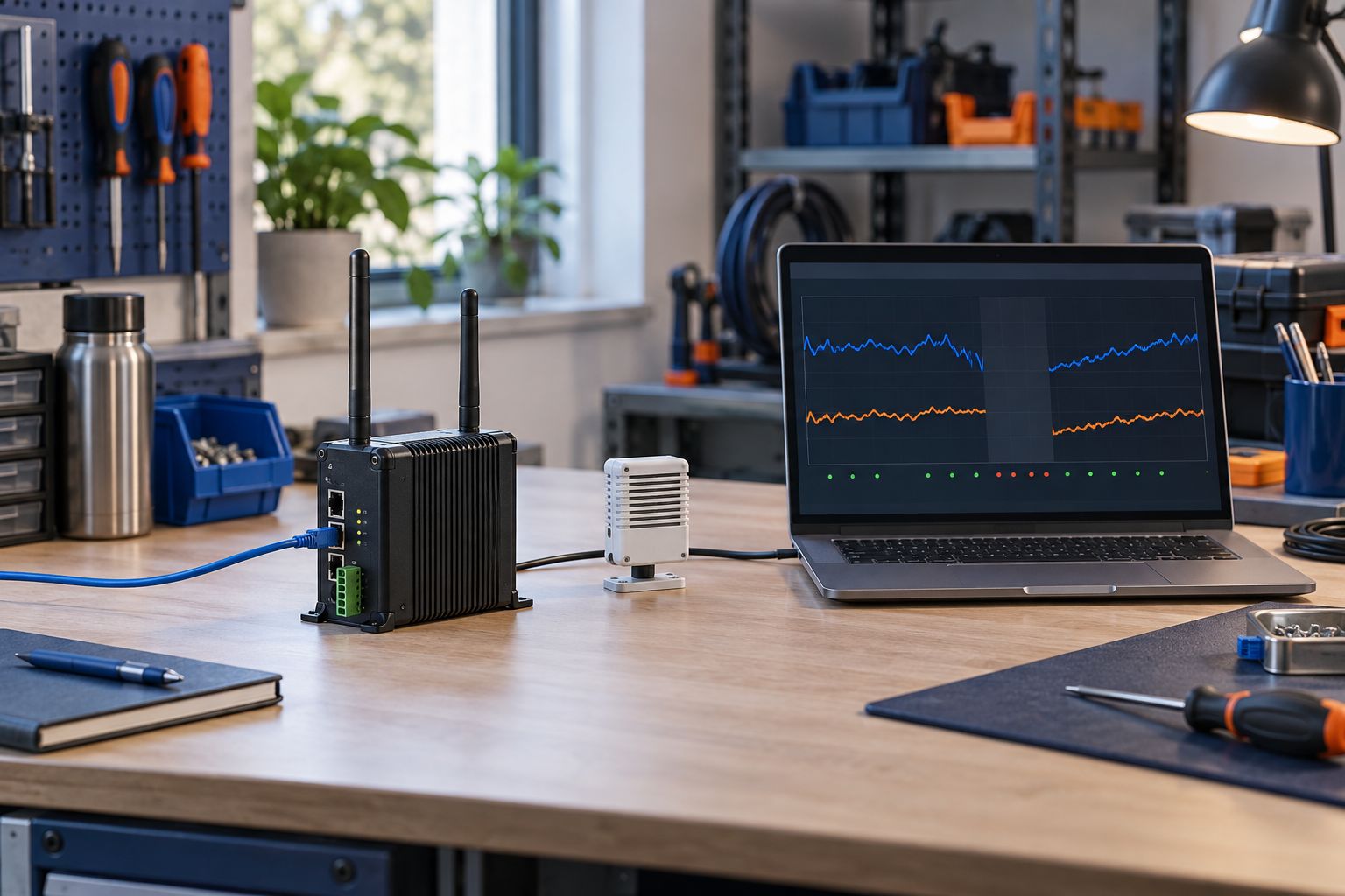 Gateway IoT y sensor sin marca en una mesa de pruebas con una gráfica de telemetría que muestra una interrupción y recuperación