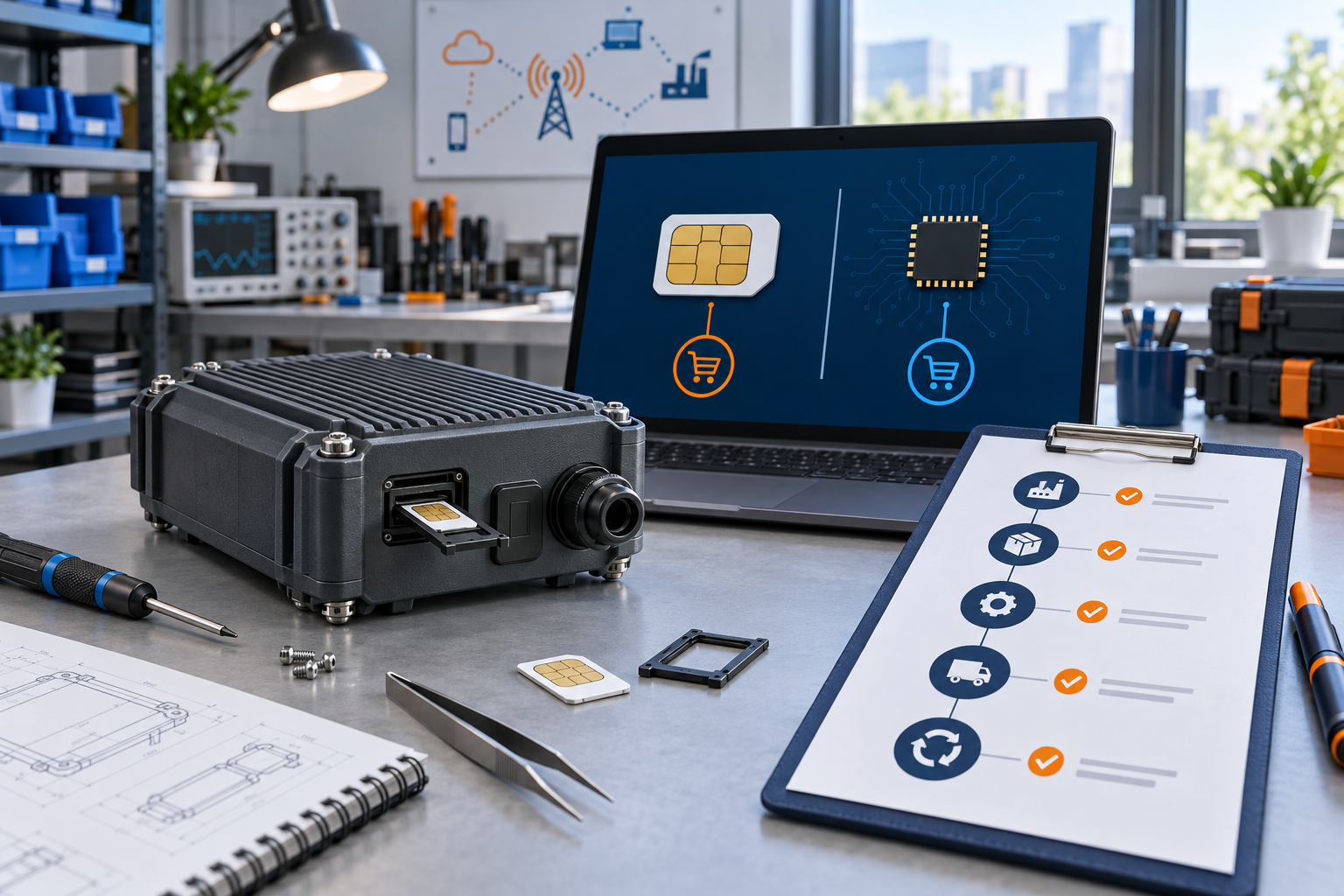 Carcasa IoT genérica con bandeja SIM física y una vista abstracta de circuito eSIM en un portátil